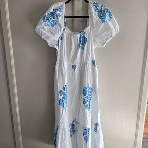 J Crew | White Cotton Midi Dress with Puff Sleeves and Blue Florals | 8